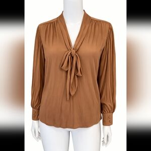 ✨ Ricki’s Satin Tie-Neck Blouse – XL | Camel Caramel | Elegant Workwear Top